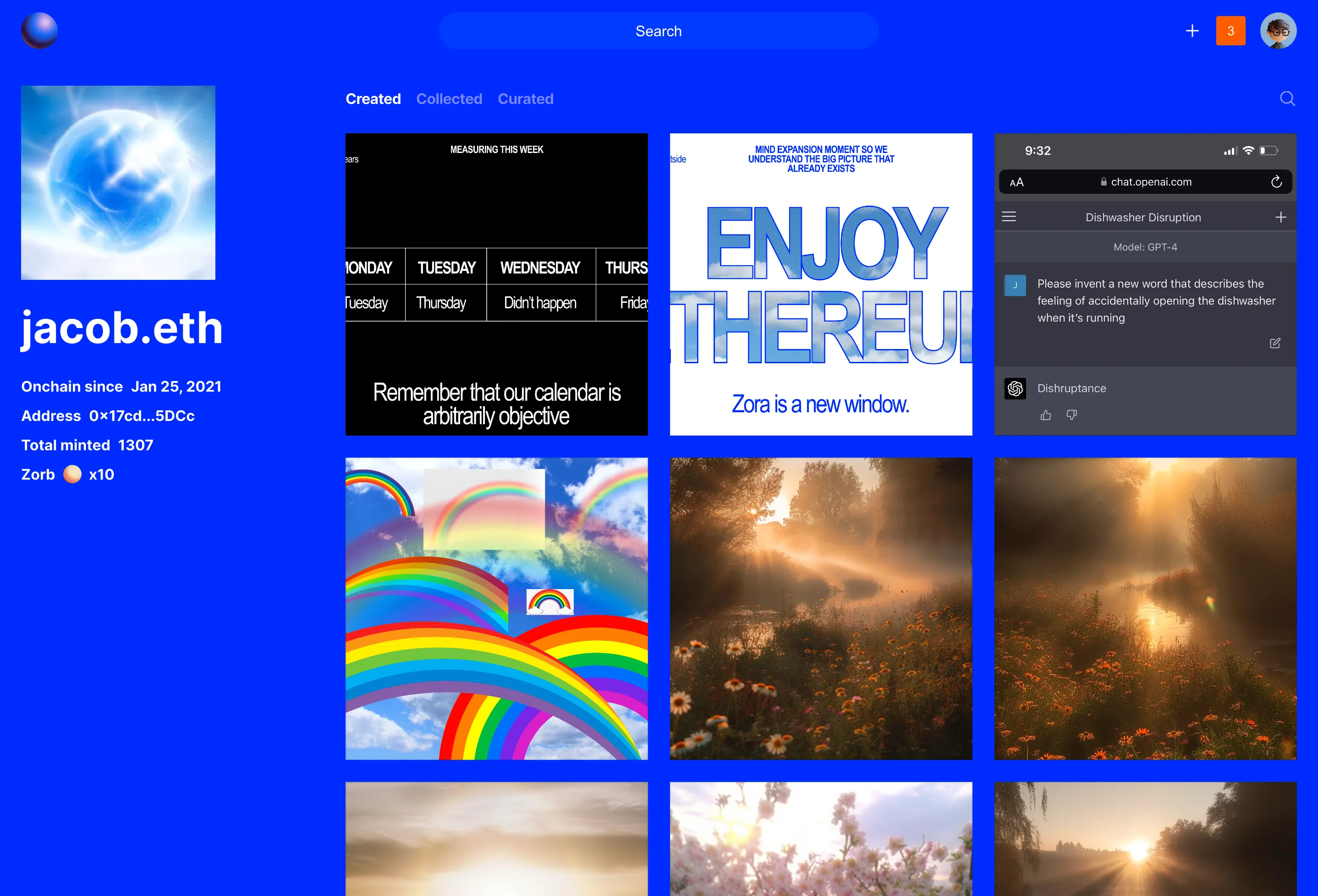 A Zora creator profile (jacob.eth) with custom theme.