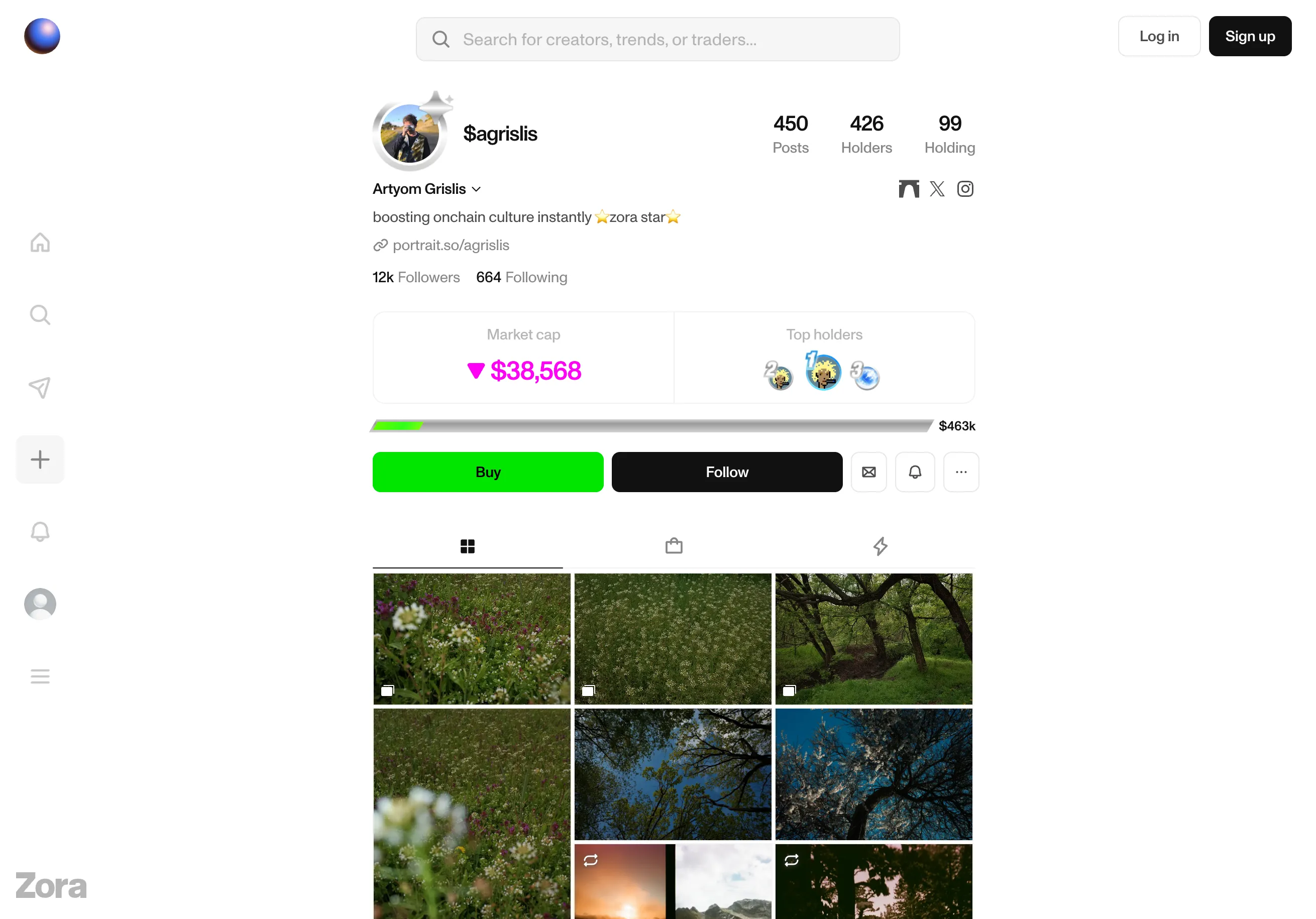 A creator profile: posts, market cap, holders. The creator as a coin.